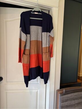 Striped Open-Front Long Cardigan in Navy, Gray, Brown & Orange